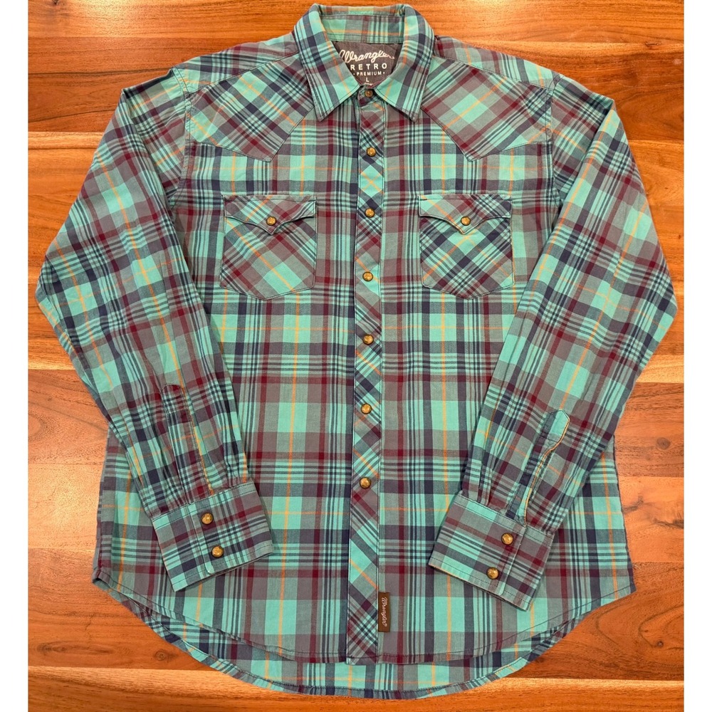 Wrangler Retro Premium Mens Turquoise Plaid Western Snap Shirt MVR340M L